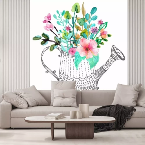Sticker Aquarell Blumen und Gekritzel Gießkanne