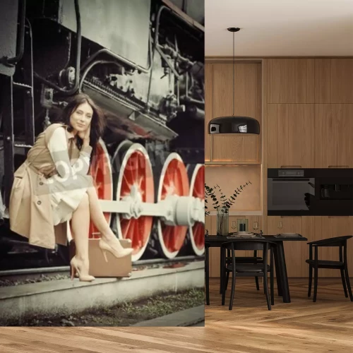 Fototapete Frau bei schwarzem Zug