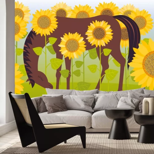 Sticker Pferde Reitpferd mit gesenktem Kopf und hohe Sonnenblumen