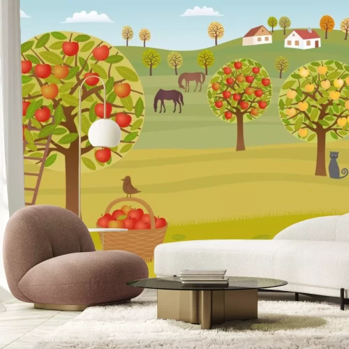 Sticker Grafik mit einem Obstgarten voller Äpfel