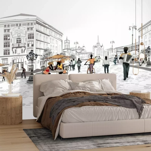 Fototapete Eine Straße mit Fußgängern