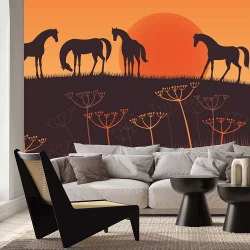 Sticker Silhouetten von Pferden und untergehende Sonne Grafik