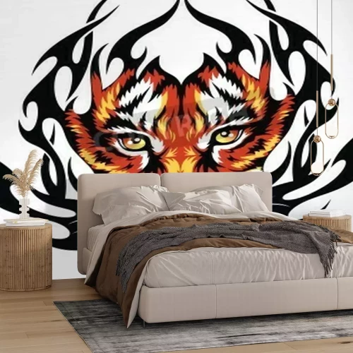 Fototapete Orangefarbener tiger in schwarzen flammen