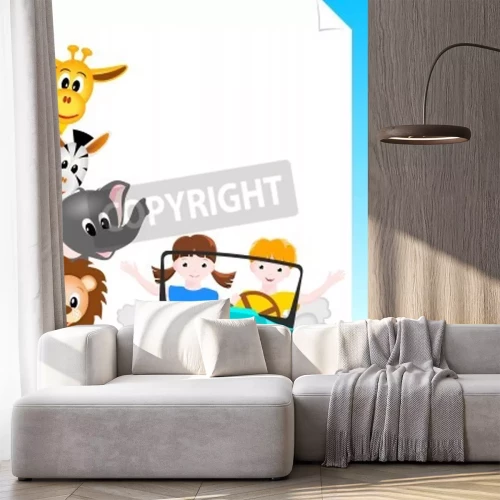 Sticker Kinder im Safariauto mit Löwe, Elefant, Giraffe und Zebra - Vektorillustration