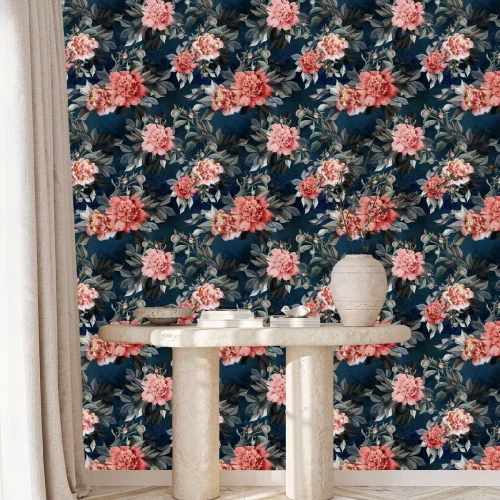 Tapete Pfingstrosenbl?ten auf dunkelblauem Hintergrund Grafik