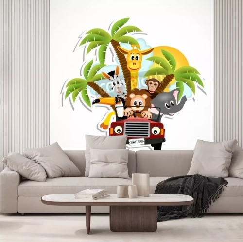 Sticker Giraffen, Elefanten, Zebras, toucan, Affen und Löwen fahren Auto - Vektor-Illustration