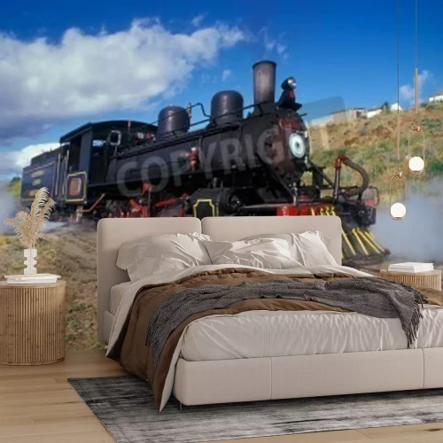 Fototapete Schwarzer Zug mit Himmelhintergrund