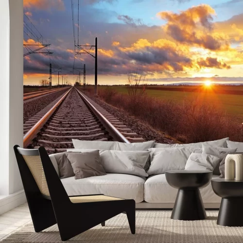 Fototapete Sonnenuntergang und Bahngleise