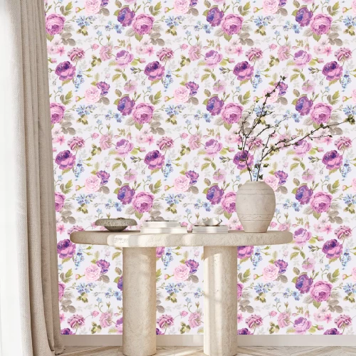 Tapete Shabby Chic mit blauen und rosa Blumen