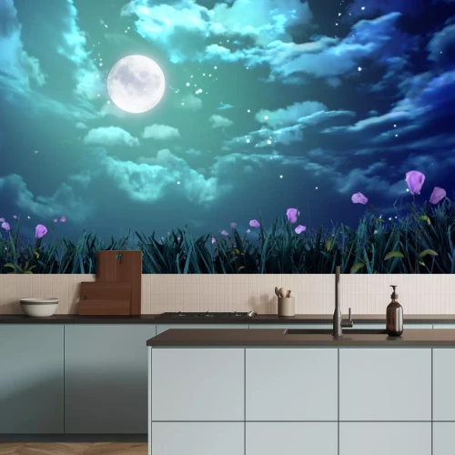 Fototapete Mond und Sterne über Blumenfeld