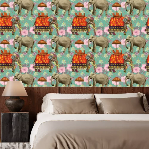 Tapete Gekleidete Elefanten aus Indien auf floralem Hintergrund