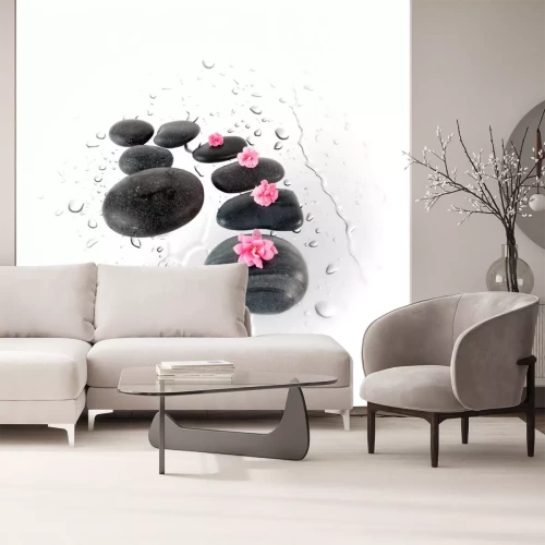 Sticker Schwarze Spa-Steine und rosa Blumen auf Wassertropfen