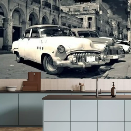 Fototapete Panoramic view of shabby old havana street with vintage classic american cars