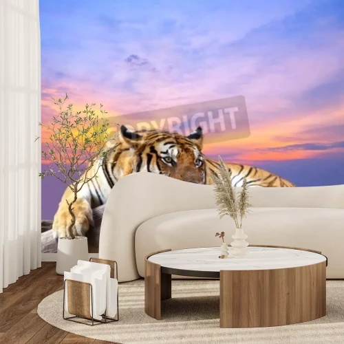 Fototapete Tiger mit pastellfarbenem himmel im hintergrund