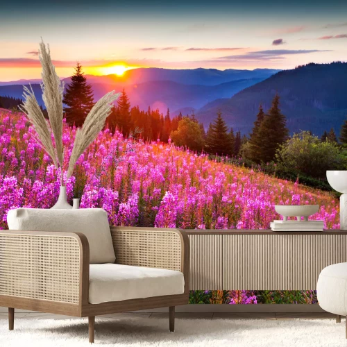 Fototapete Blumen Berge und Sonnenaufgang