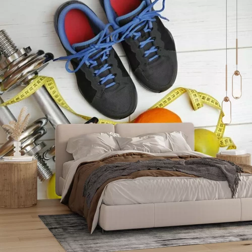 Fototapete Fitnessgeräte und Obst auf weißen Tafeln