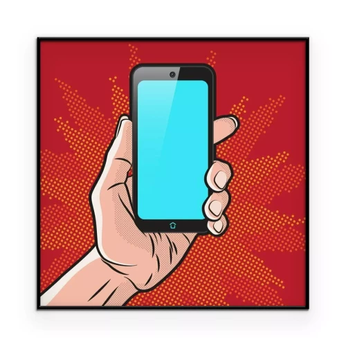 Poster Pop-Art-Grafik mit einer Hand, die ein Smartphone hält, vor rotem Hintergrund