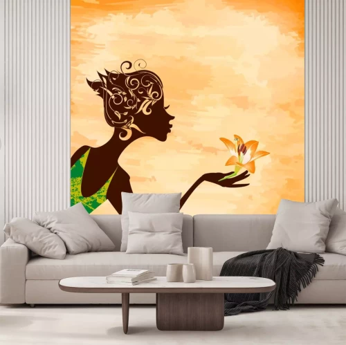 Sticker Profil eines Mädchens mit einer Blume auf Grunge-Hintergrund