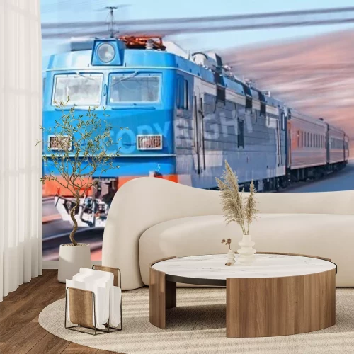 Fototapete Rasender blauer Zug