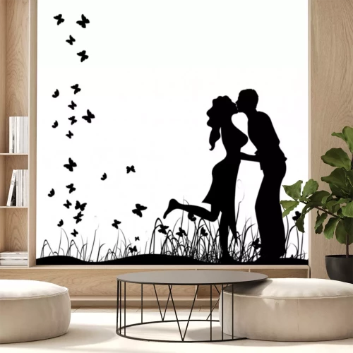 Sticker Küsse Paar auf einer Wiese, schwarze Silhouette