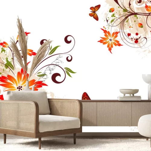 Sticker Blumen und Schmetterlinge auf einer Illustration