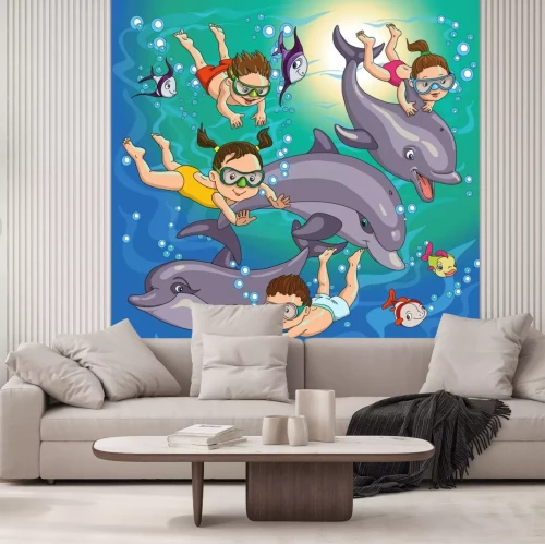 Sticker Delfine und Kinder unter Wasser