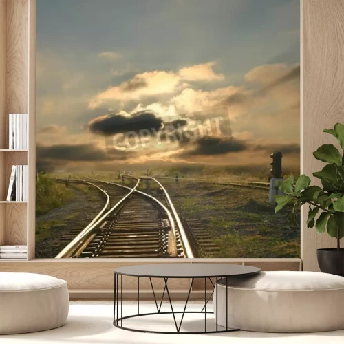 Fototapete Gleise bei Sonnenuntergang