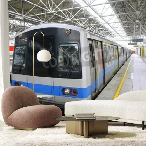 Fototapete Zug in heller Bahnstation