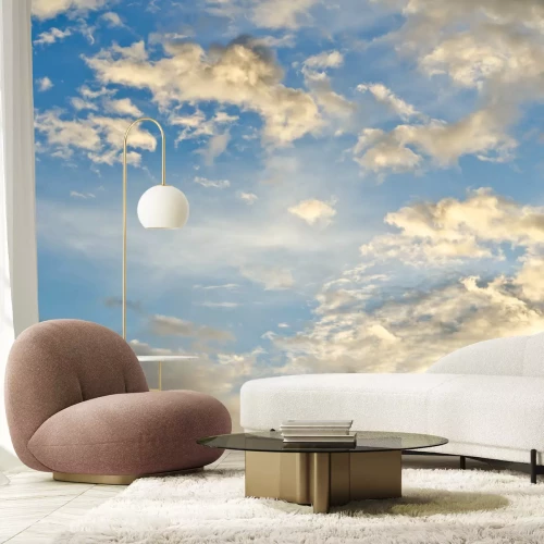 Fototapete Frau vor dem Hintergrund des orangefarbenen Himmels