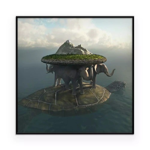 Poster Eine Insel, die von Elefanten und einer Schildkröte getragen wird