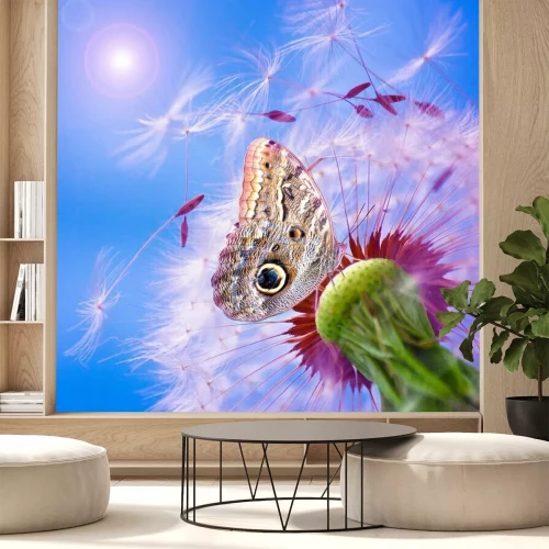 Fototapete Pusteblume Schmetterling und Sonne