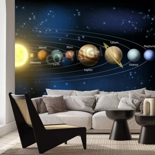 Fototapete Ein Planetensystem auf marineblauem Hintergrund mit Bildunterschriften