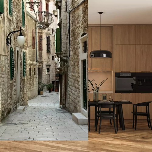 Fototapete Schattige Gasse mit Laternen