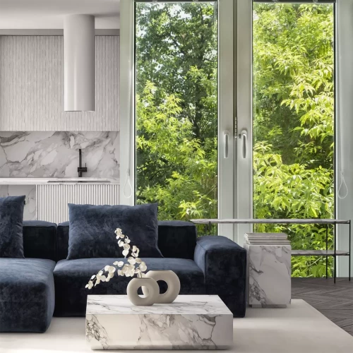 Fototapete Grüne Baumkronen vor dem Fenster