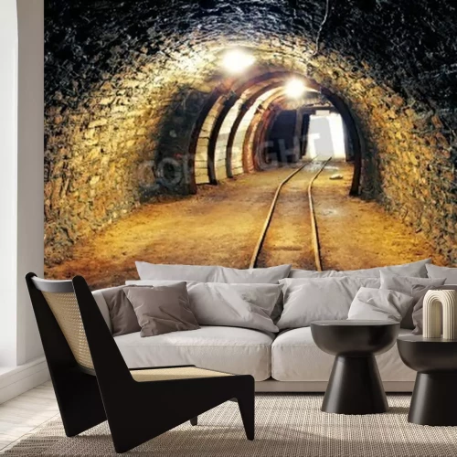 Fototapete Bergwerkstunnel mit Gleisen