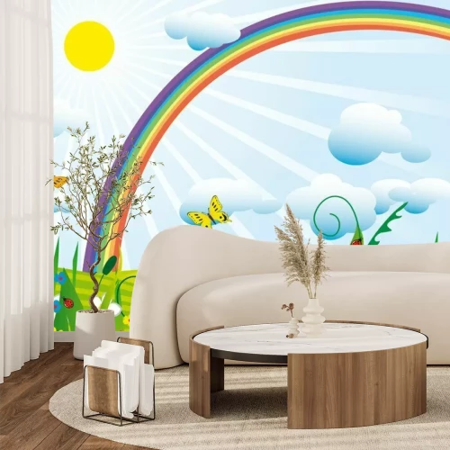 Fototapete Grafische Wiese mit Regenbogen