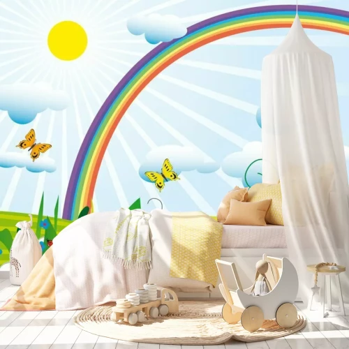 Fototapete Grafische Wiese mit Regenbogen