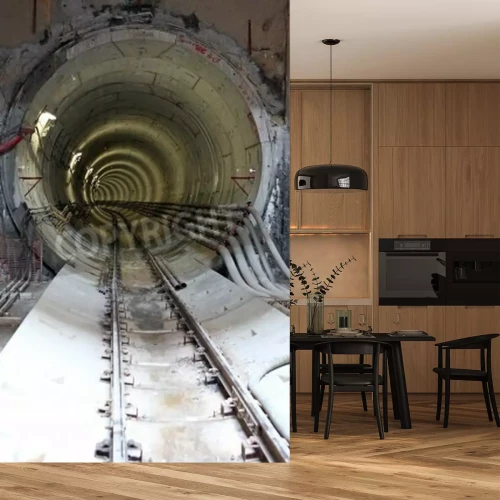 Fototapete Tunnel mit Gleisen und Kabeln