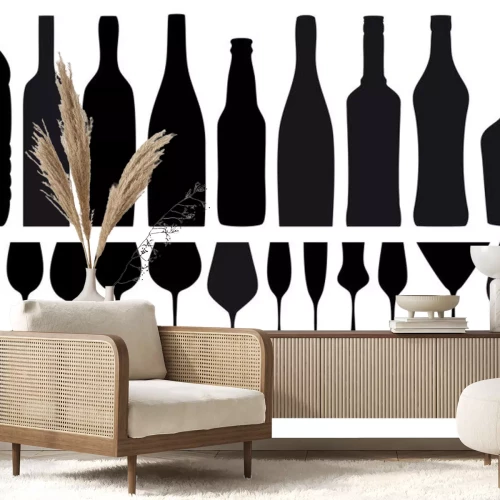 Sticker Weinflaschen und Gläser auf schwarz-weißem Hintergrund