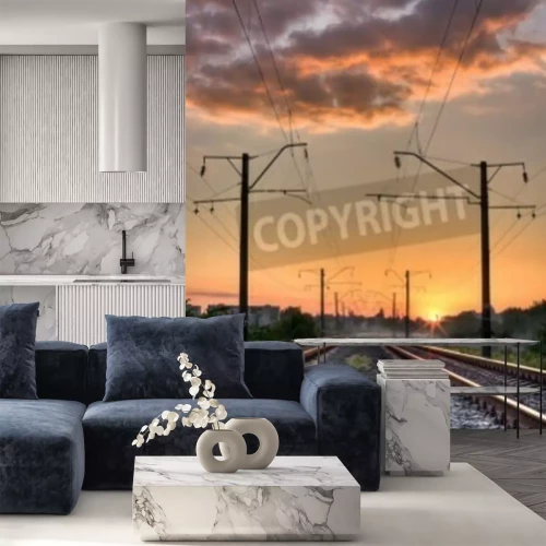 Fototapete Gleise ohne Züge am Abend