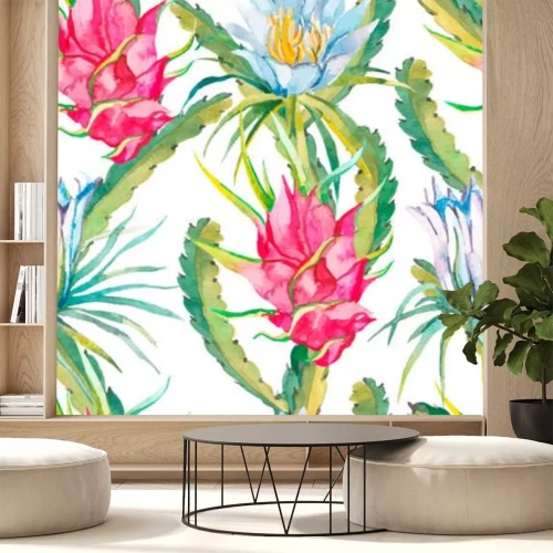 Sticker Pitaya-Blumen und grüne exotische Blätter