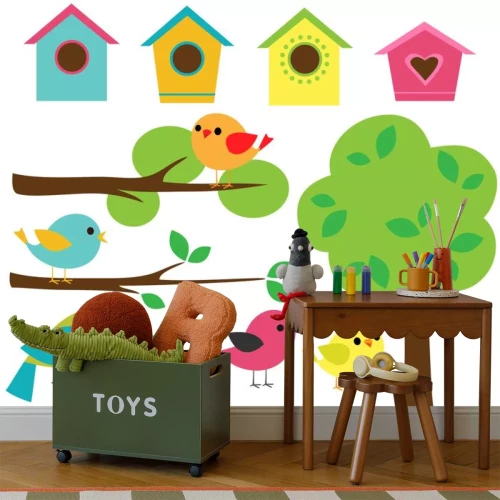 Sticker Set Vögel mit Vogelhäuschen, Bäumen und Blumen.
