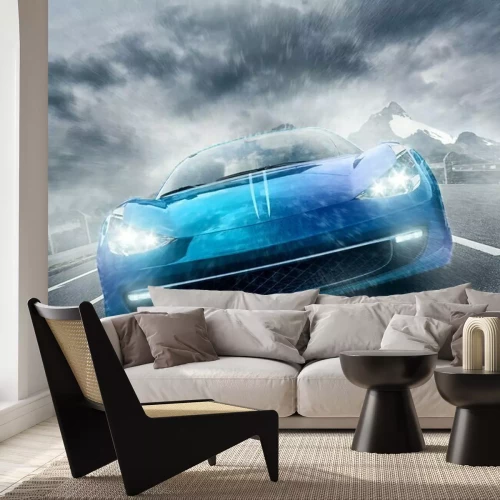 Fototapete Blaues Auto fährt im Regen