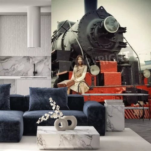 Fototapete Schwarzer Retro-Zug und Frau