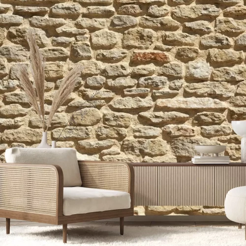 Fototapete Mauer aus natürlichen beigen Steinen