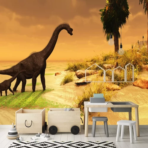 Fototapete Ein großer und ein kleiner Dinosaurier auf einer Insel