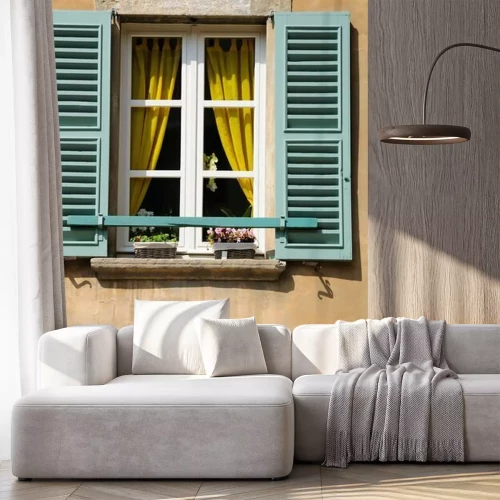 Fototapete Fenster mit gelben Vorhängen