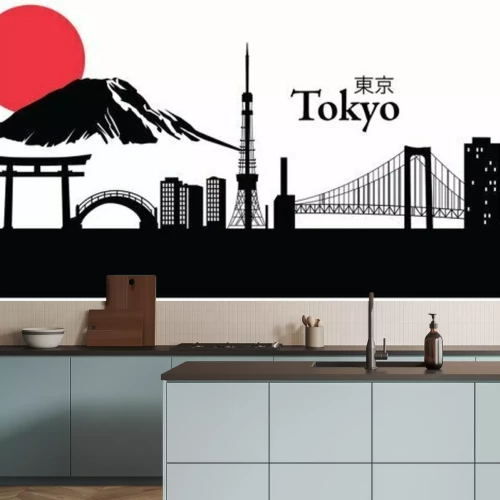 Sticker Die minimalistische Silhouette der Gebäude Tokios mit dem Berg Fuji im Hintergrund.