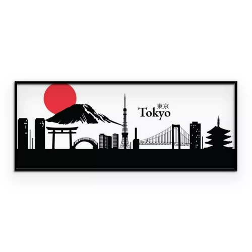 Poster Die minimalistische Silhouette der Gebäude Tokios mit dem Berg Fuji im Hintergrund.
