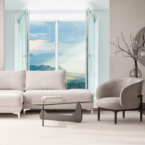 Fototapete Offenes Fenster mit Berglandschaft